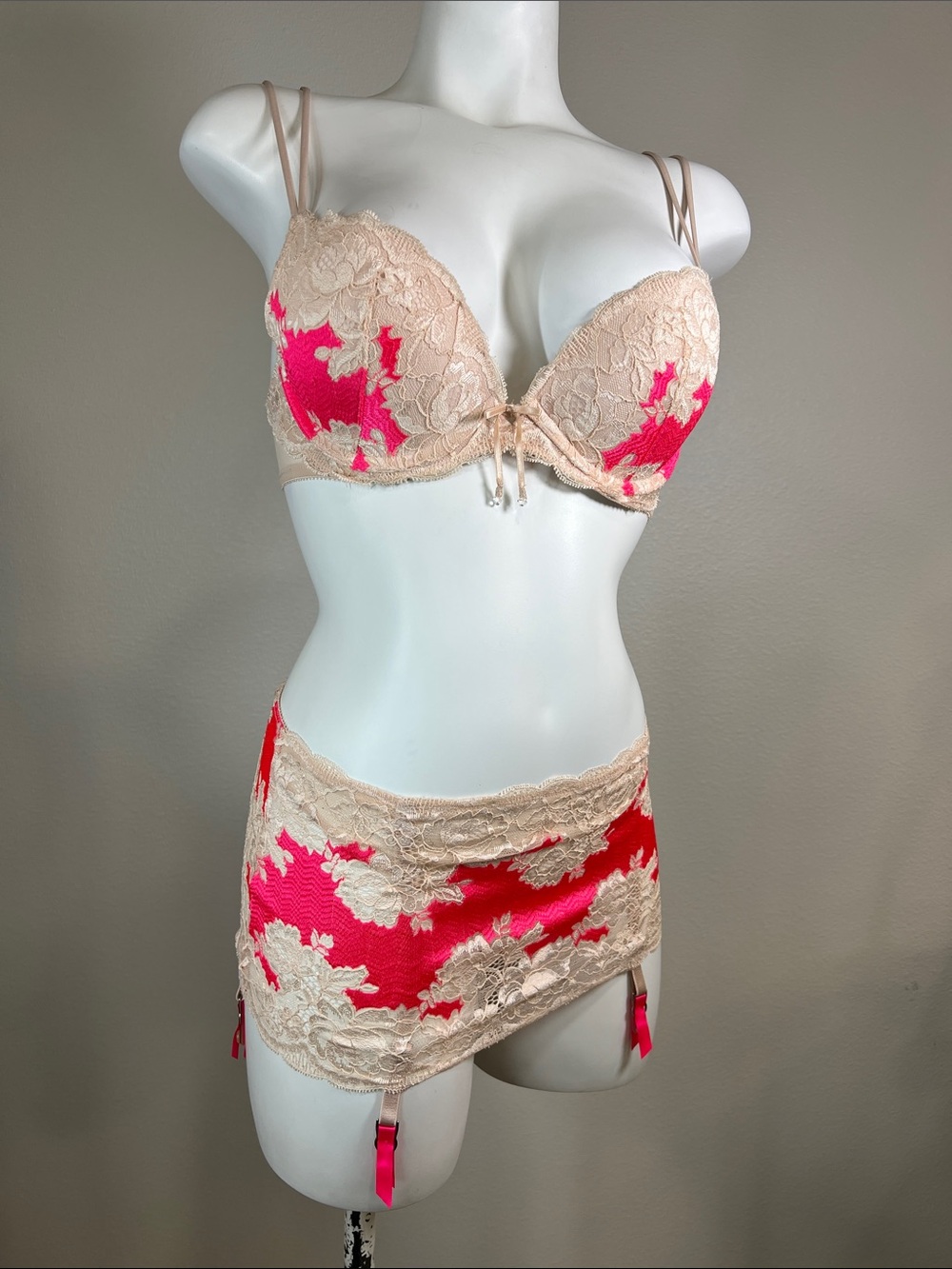 Victoria's Secret Beige Lace Bra & Two Hot Pink Satin Garter Skirt Set 3-pieces